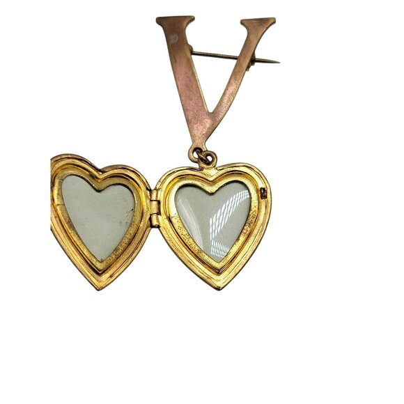 Antique V Monogram Heart Photo Locket Brooch Mother of Pearl Gold Plated Charm - Picture 6 of 7